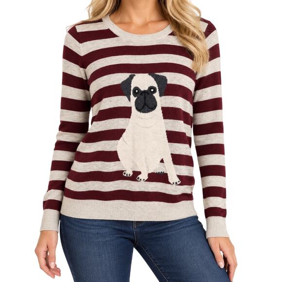 LOFT Tops - Ann Taylor LOFT Sz Small Red/Cream Pug Dog Sweater Shirt Top Winter Christmas